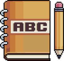 Pixel art of a notebook with ABC Letters and a pencil in 8-bit style on a white background vector
