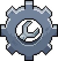 Pixel art of a gear with a wrench in 8-bit style on a white background vector