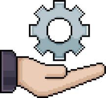 Pixel art of a hand holding a gear, hand and gear icon in 8-bit style on white background vector