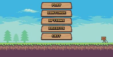 Game home screen in pixel art, 8-bit style with wooden buttons and a vibrant blue sky, showing options for gameplay selection vector