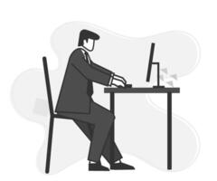 illustration of a stick figure or flat character working in an office with a computer vector