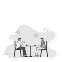 flat illustration of characters sitting face to face with a cup of coffee at the table vector