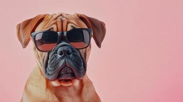 A dog wearing sunglasses on a pink background photo