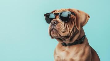 A dog wearing sunglasses on a blue background photo