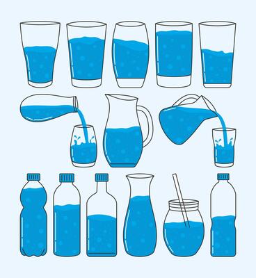 Assortment of blue beverages mineral water displayed in different containers, including bottles, glasses, and a pitcher.