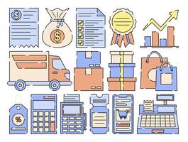 A collection of shopping and sales symbols including receipts, money bags, charts, and invoices, shopping bag, and calculator representing business transactions and budgeting. vector