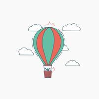 A red and green hot air balloon with a person inside, flying through the clouds vector