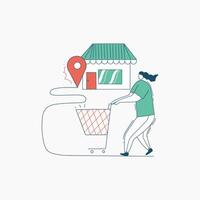 Woman pushing a shopping cart towards a store with a location pin above it vector
