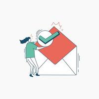 Woman Holding Check Mark Over a Large Open Envelope vector
