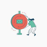 A person pushing a red circle with an envelope and arrows around it, representing email communication. vector