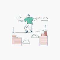 A Man Balancing on a Tightrope Between Two Buildings vector