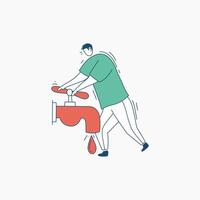 A man struggles to turn off a dripping faucet vector