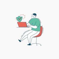 Man Sitting on a Chair Using a Laptop with a Checkmark Inside a Shield vector