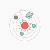 A stylized line drawing depicting a red sun with four planets orbiting in red circular paths. vector