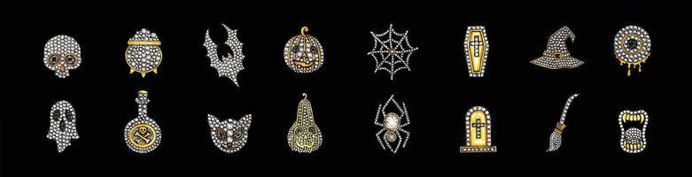 Halloween gemstone icons collection. This image showcases a collection of 16 intricately designed Halloween-themed icons adorned with shimmering gemstones. vector