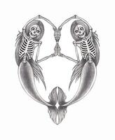 Skeleton mermaid sirens of the depths.A captivating depiction of a skeletal mermaid in a curled, graceful pose. This image captures the eerie beauty of mythical creatures, suggesting mystery. vector