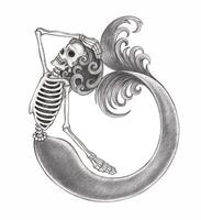 Lament of the Deep skeletal mermaid. This artwork portrays a skeletal mermaid in a reflective, almost sorrowful pose, one arm resting on her head, and her elegantly flowing tail forming a spiral. vector