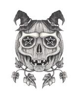 Witchy pumpkin skull with pentagram eyes A detailed black and white drawing of a skull embedded into a pumpkin, blending eerie Halloween elements with mystical symbolism. vector