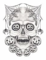 Spider web skull with jack o'lantern eyes. This intricate black and white artwork combines classic Halloween motifs with a surreal touch. The skull's eye sockets are filled with Jack o'lanterns. vector