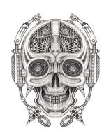 Cyber skull with mechanical gears hand drawing and make graphic . vector