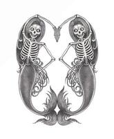 Twin skeleton mermaids symmetry of the abyss Two skeletal mermaids mirror each other, forming a heart-like shape. The composition conveys themes of duality, beauty, and the dark mysteries of the sea. vector