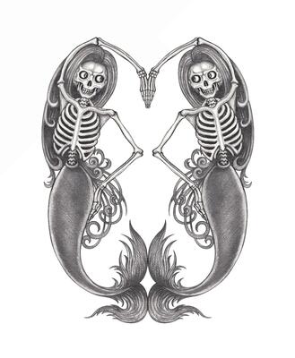 Twin skeleton mermaids symmetry of the abyss Two skeletal mermaids mirror each other, forming a heart-like shape. The composition conveys themes of duality, beauty, and the dark mysteries of the sea.