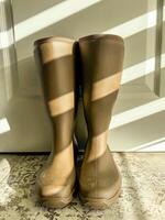 Pair of brown rubber boots standing in sunlight with shadow patterns on floor. High quality photo