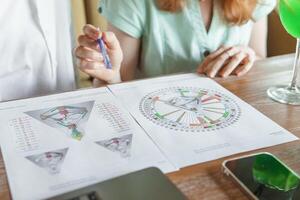 Tver, Russia - August 2, 2021. A woman in a cafe at a table is studying the design of a person. The concept of studying esoteric sciences. A bodigraph or a map of a person on an A4 sheet. photo