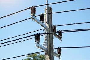 High-voltage insulators are materials used to support electrical wires made of ceramic. They act as insulators to prevent electric current from leaking or short-circuiting to the ground. photo