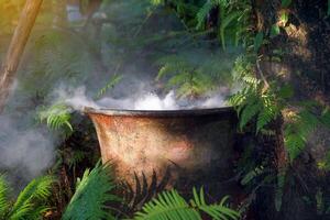 fog machine or automatic smoke in a clay jar add beauty Add dimension, look cool, decorate rooms and gardens both indoor and outdoor. soft and selective focus. photo