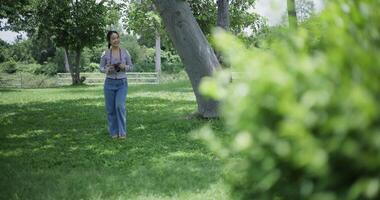 Handheld shot, Cheerful woman is walking in a park on a sunny day, surrounded by lush green trees, and enjoys taking pictures of the nature with her camera. A relaxing weekend moment. video