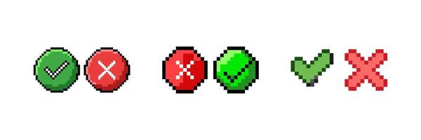 Pixel cross and check mark icon set in 8-bit retro style. Simple buttons, perfect for retro-themed designs, games, and user interfaces. Isolated flat illustrations for versatile use. vector