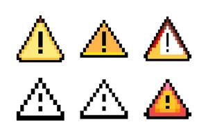 Danger sign attention pixel icons in 8-bit style. A set of pixelated buttons, ideal for retro-themed projects, games, and warning indicators. Isolated collection for versatile use. vector