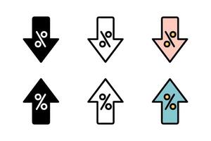 Percent arrow icon in several styles, representing business and financial concepts. Flat design, ideal for illustrating percentage changes, growth, and trends in reports, apps, and web projects vector