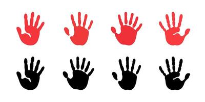 Collection of red hand print icons featuring hands with five fingers. illustrations ideal for art projects, social campaigns, and designs emphasizing creativity, support, or awareness. vector