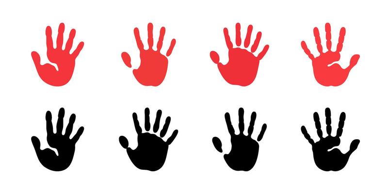 Collection of red hand print icons featuring hands with five fingers. illustrations ideal for art projects, social campaigns, and designs emphasizing creativity, support, or awareness.