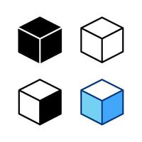 Cube set isolated icons featuring 3D boxes in various styles. Simple black block symbols perfect for web and app design, geometric projects, and user interface elements. Clean and modern design vector