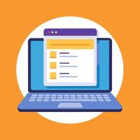 Online form survey on laptop illustration, working on computer quiz exam paper sheet document, on-line questionnaire results on desktop table flat cartoon, digital check list or internet test vector