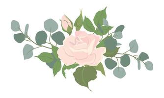 Bouquet of light pink roses and eucalyptus branches. Composition of beautiful flowers of different shapes, buds and leaves isolated on background. floral illustrations in cardboard flat style. vector