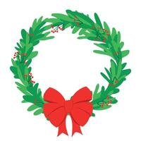 Christmas wreath of evergreen branches on a white background. Green fir branches and red berries. round frame of green leaves, red berries, decorated with a bow. Winter Christmas holidays. vector
