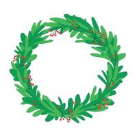 Christmas wreath of evergreen branches on a white background. Green fir branches and red berries. round frame of green leaves, red berries. Winter Christmas holidays 2024. vector