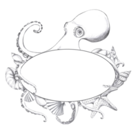 Octopus with shells in oval frame, hand drawn pencil sketch. Isolated illustration in realistic style for fish restaurant design, menu, textile, printed matter png