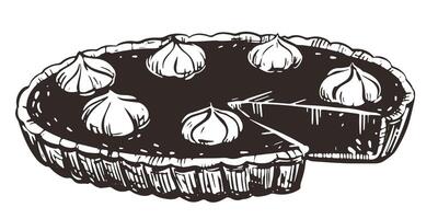 Autumn pumpkin pie with whipped cream. Traditional baking for Thanksgiving and Halloween. illustration in hand-drawn sketch style. Line art in ink. vector