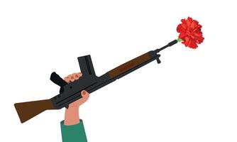 Hand with a rifle, a red carnation inserted into the barrel of the gun. Portugal's Freedom Day. Symbol of victory and revolution. vector