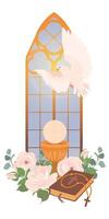 Decorated altar in the church. Elements for the first communion - bread, holy cup, wine. The presence of the holy spirit in the temple in the form of a white radiant dove. Greeting card design. vector