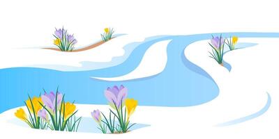 The concept of the arrival of spring and the awakening of nature after winter. Melting snow, streams and snowmelt, primroses, crocuses and spring flowers. illustration. End of the cold season. vector