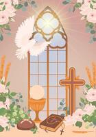 Elements for the first communion - bread, holy cup, wine. The presence of the Holy Spirit in the temple in the form of a white dove. Decorated altar in the church. Design of a greeting card or poster. vector