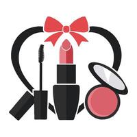 Lipstick, mascara and mirror in heart shape vector