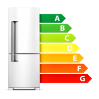 Refrigerator with energy efficiency classes. European Union energy label. Isolated on transparent background png