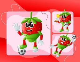 Cute strawberry characters playing soccer vector